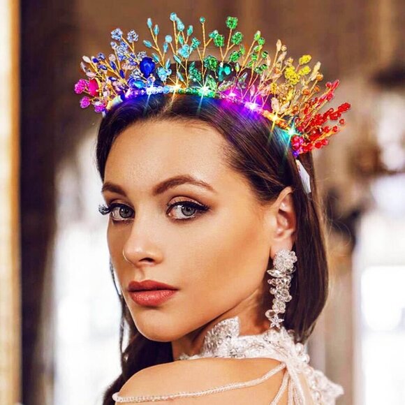 Colorful Crystal Beaded Headband Crown with LED Lights for Women Festivals